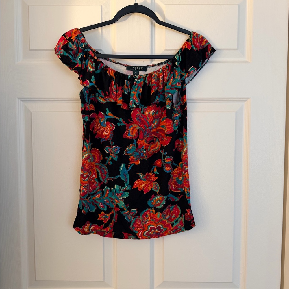 Ralph Lauren Vibrant Floral Off The Shoulder Ruffle Blouse Med.